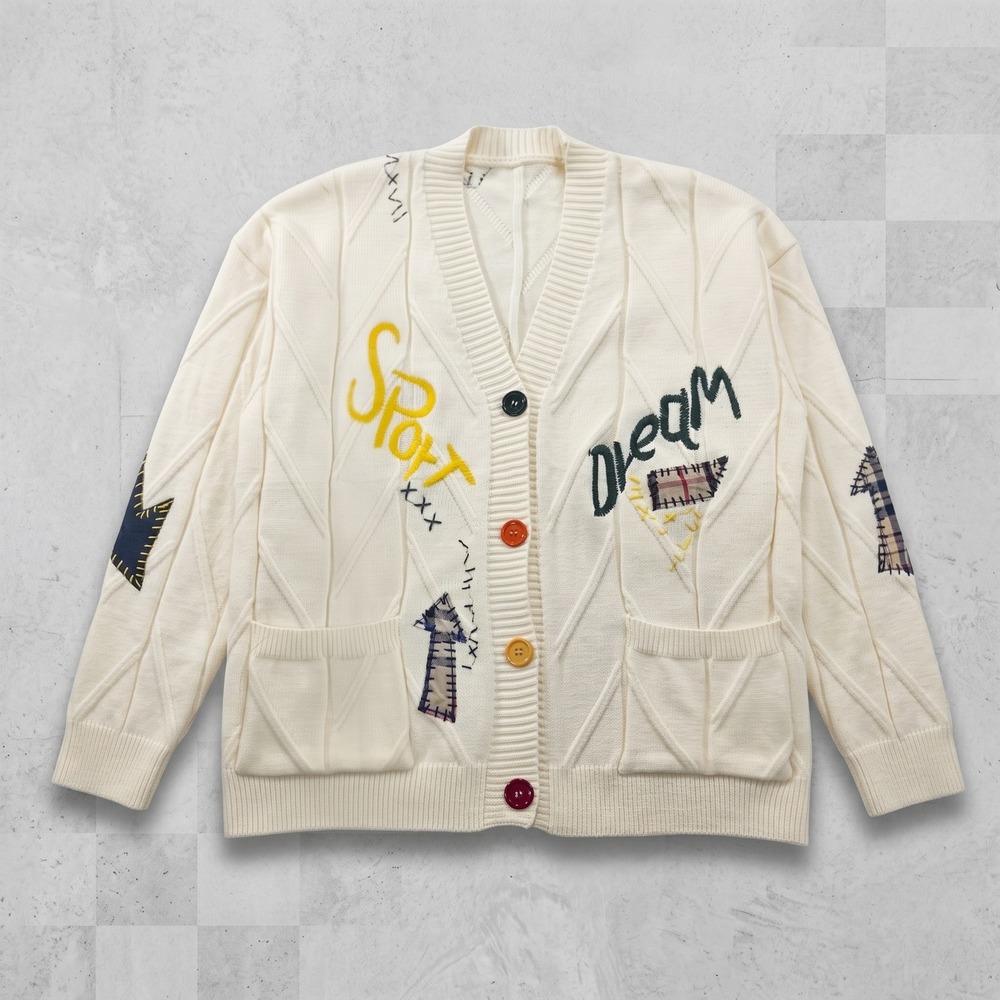Ebossy Patchwork Cable Knit Cardigan Dream Sport Embroidered Cream White Medium